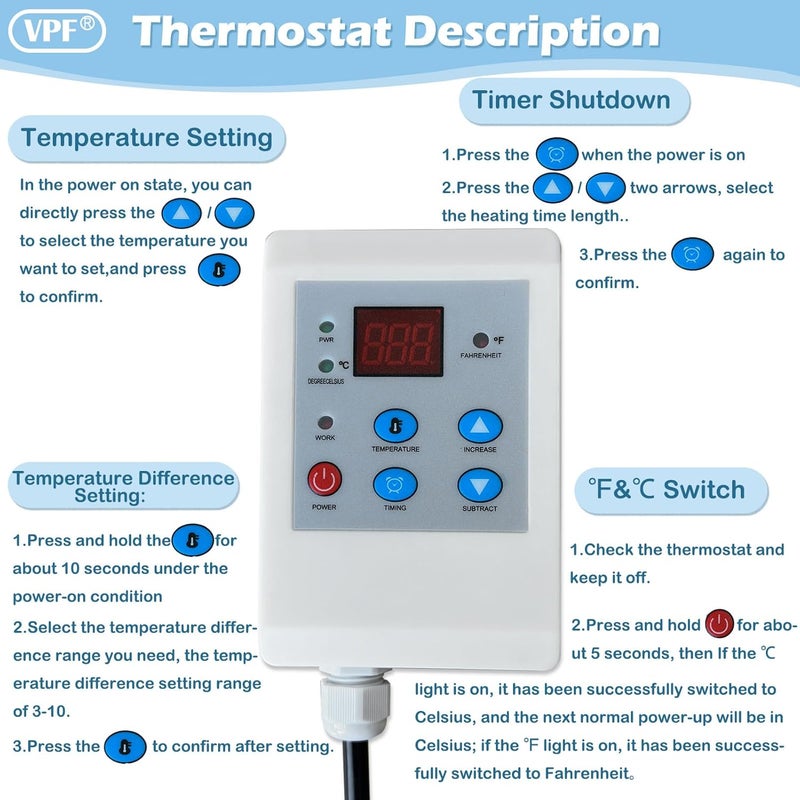 VPF Industrial 55-Gallon Barrel Heater with 0-212℉ Adjustable Thermostat, 1200W Waterproof Drum Heater Blanket for Metal Barrels & Propane Tanks, 24H Timer, UL/FCC Certified Energy-Saving Heating System - Image 5